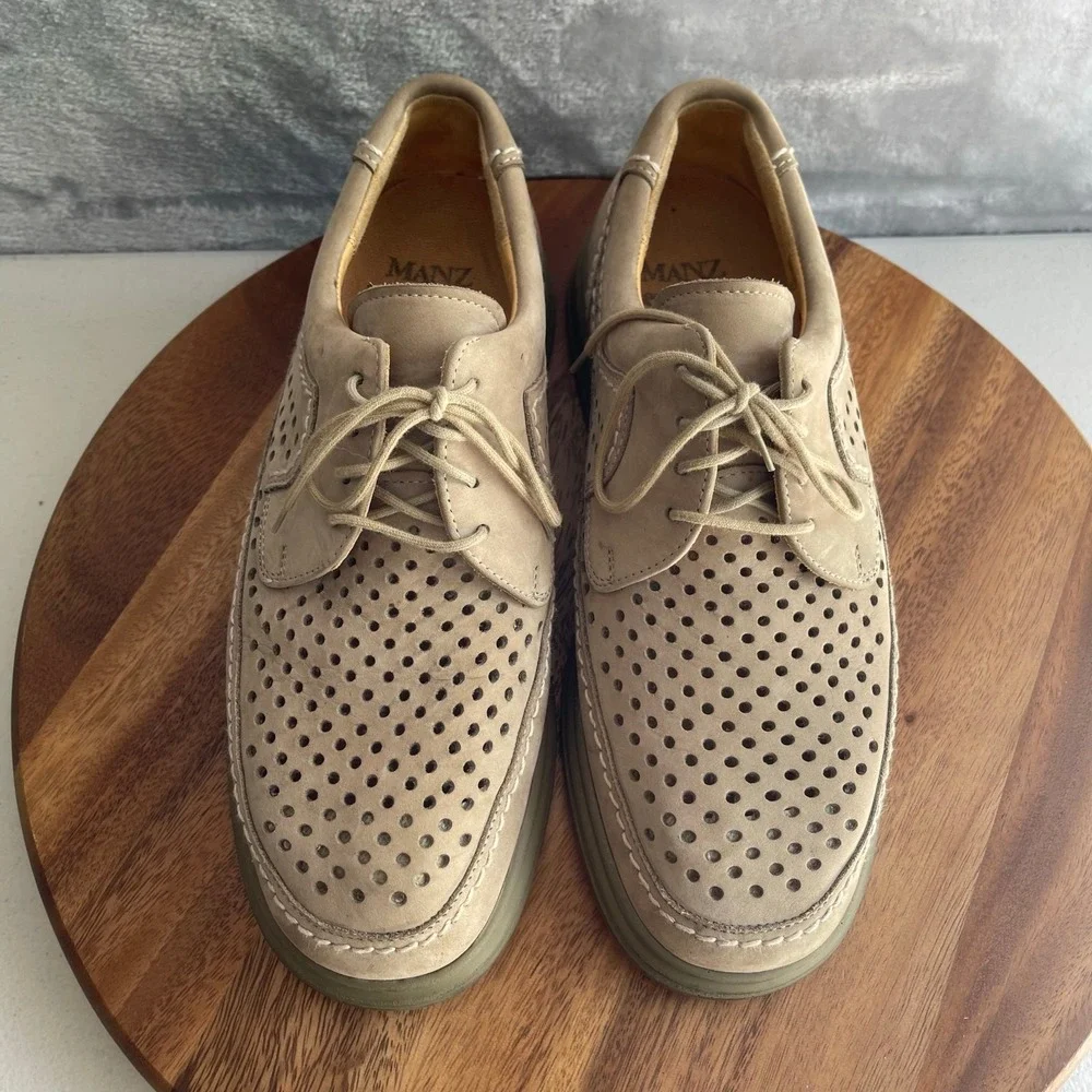 MANZ Shoes UK 7.5 G Beige Tan‎ Suede Perforated Lace Up Comfort Oxford Germany